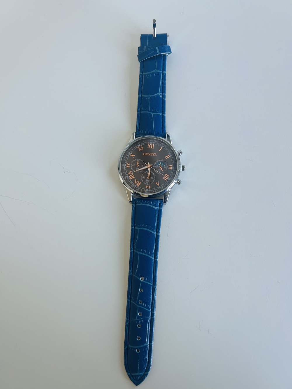 Geneva Blue Strap Watch with Rose-Gold Accents